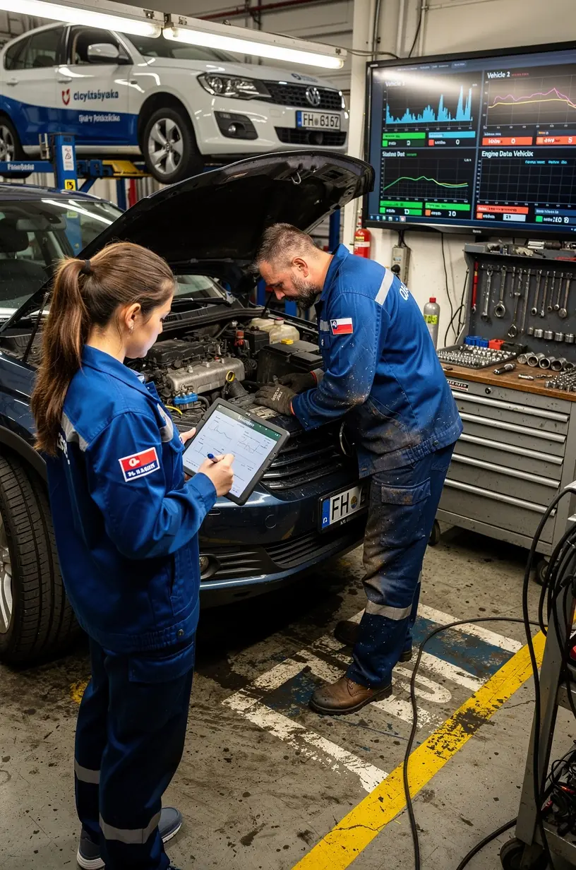 Mechanik vykonáva rýchlu opravu motora na mieste nehody, zabezpečujúc minimalizáciu prestojov vodiča.